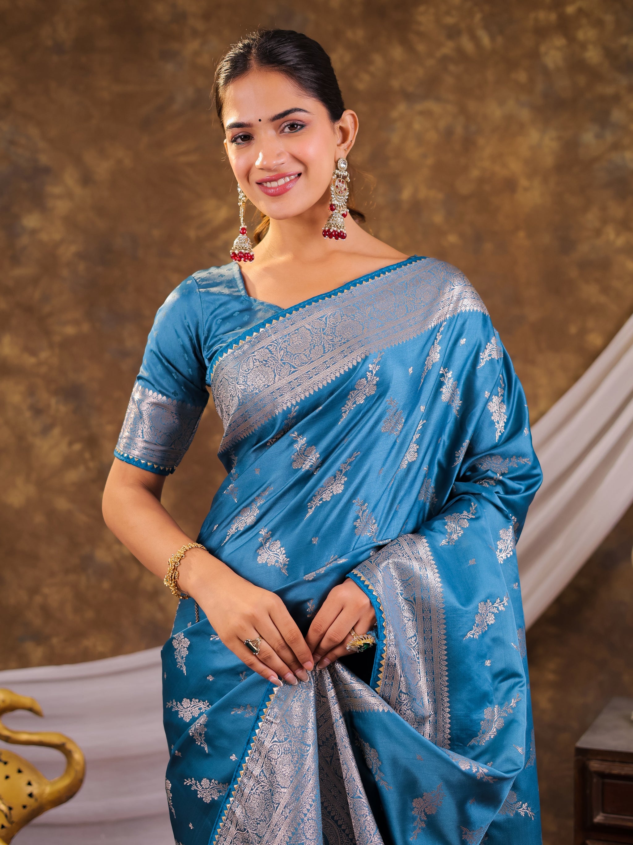 Sky Blue Kanjivaram Banarasi Satin Silk Saree with Silver Zari Weaving, Designer Woven Pallu & Tassel Detailing