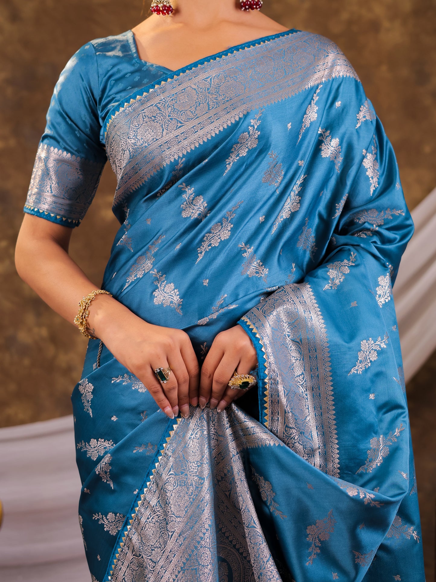 Sky Blue Kanjivaram Banarasi Satin Silk Saree with Silver Zari Weaving, Designer Woven Pallu & Tassel Detailing