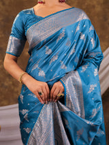 Sky Blue Kanjivaram Banarasi Satin Silk Saree with Silver Zari Weaving, Designer Woven Pallu & Tassel Detailing