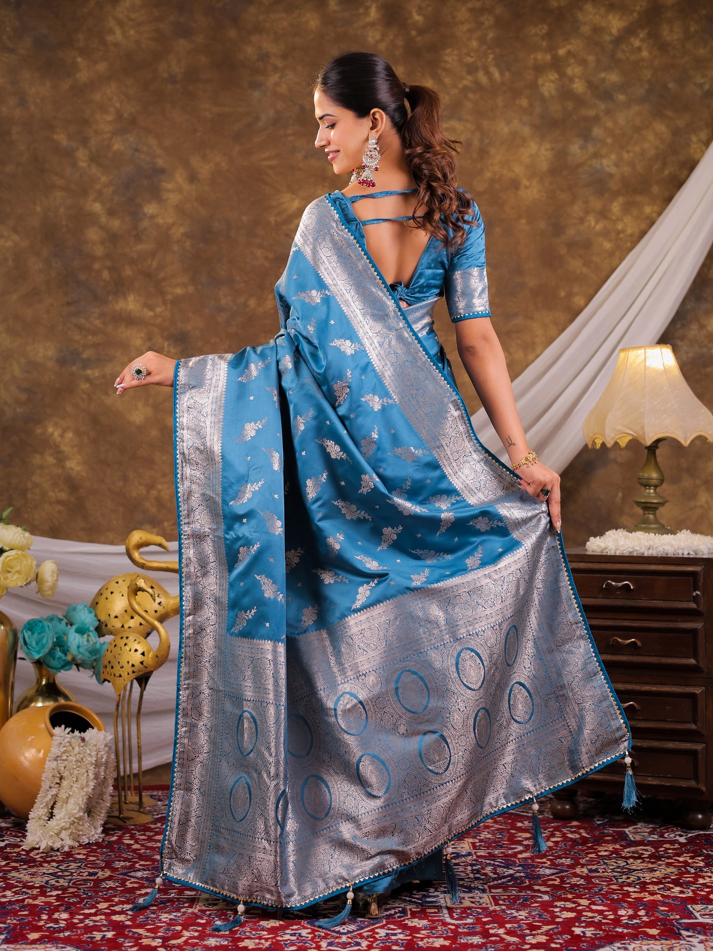 Sky Blue Kanjivaram Banarasi Satin Silk Saree with Silver Zari Weaving, Designer Woven Pallu & Tassel Detailing