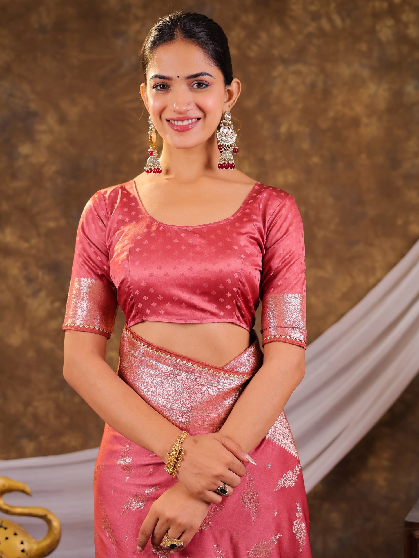 Rose Pink Kanjivaram Banarasi Satin Silk Saree with Silver Zari Weaving, Designer Woven Pallu & Tassel Detailing