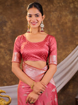 Rose Pink Kanjivaram Banarasi Satin Silk Saree with Silver Zari Weaving, Designer Woven Pallu & Tassel Detailing