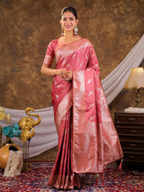 Rose Pink Kanjivaram Banarasi Satin Silk Saree with Silver Zari Weaving, Designer Woven Pallu & Tassel Detailing