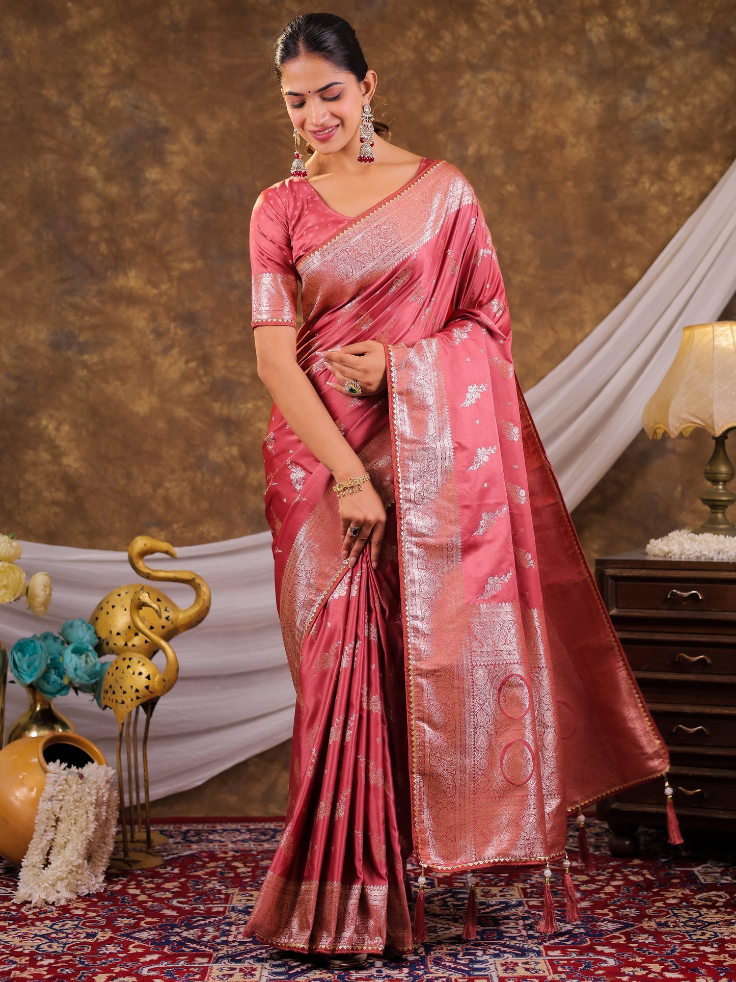 Rose Pink Kanjivaram Banarasi Satin Silk Saree with Silver Zari Weaving, Designer Woven Pallu & Tassel Detailing