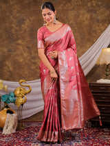 Rose Pink Kanjivaram Banarasi Satin Silk Saree with Silver Zari Weaving, Designer Woven Pallu & Tassel Detailing