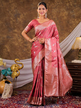 Rose Pink Kanjivaram Banarasi Satin Silk Saree with Silver Zari Weaving, Designer Woven Pallu & Tassel Detailing