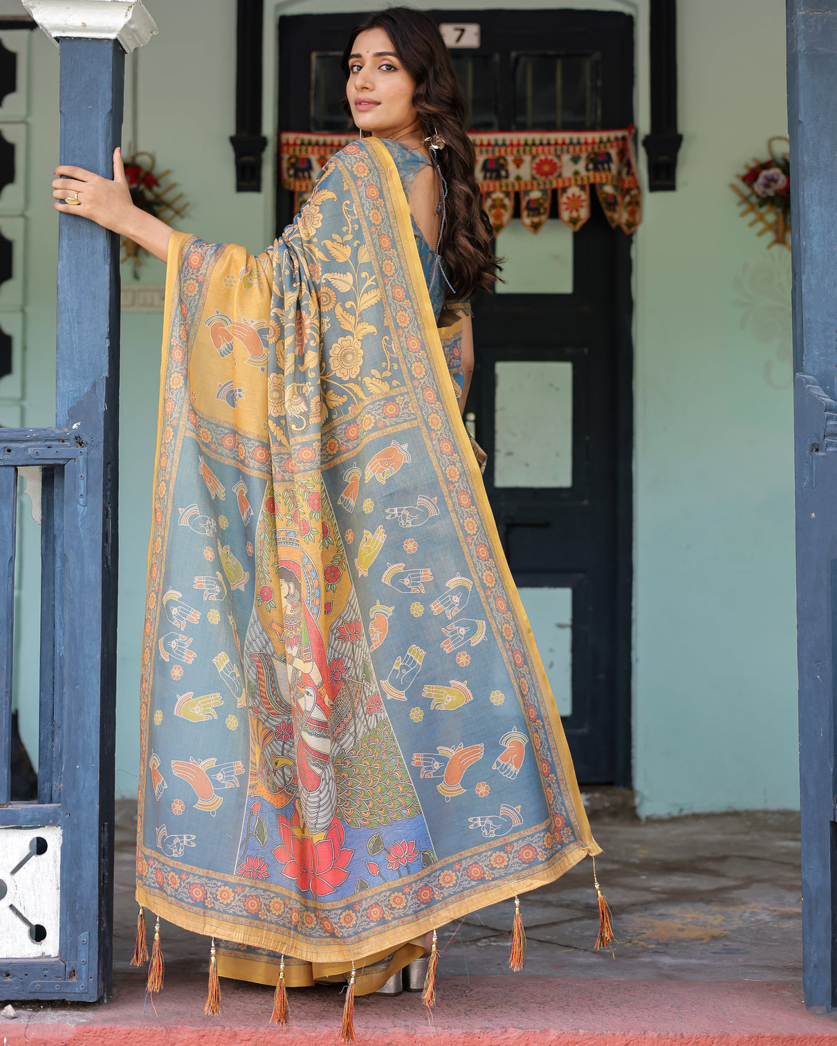 Mustard blue handloom cotton saree with mudra motifs goddess saraswati pallu