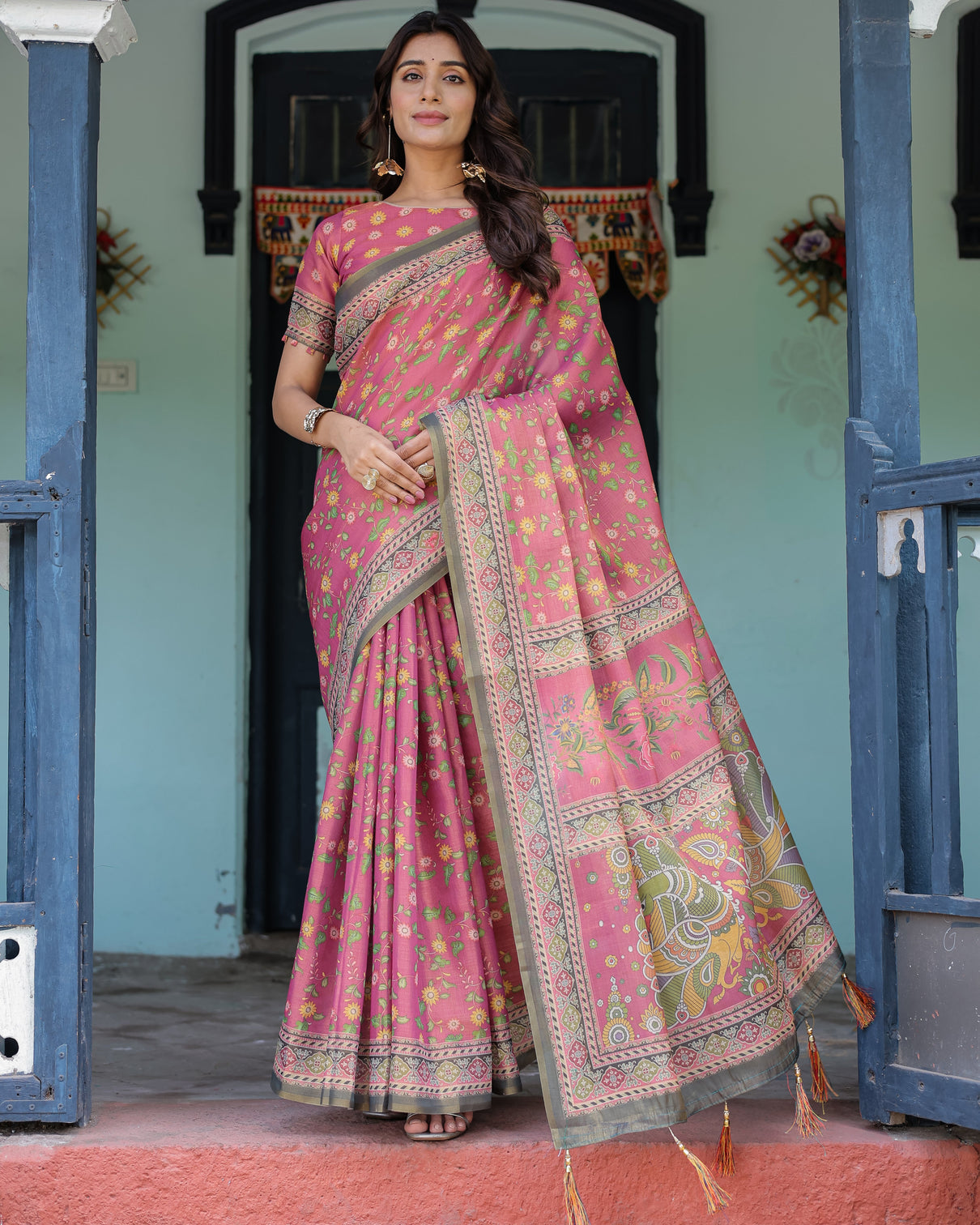 Rani pink handloom cotton saree with yellow floral print royal horse pallu mameraa
