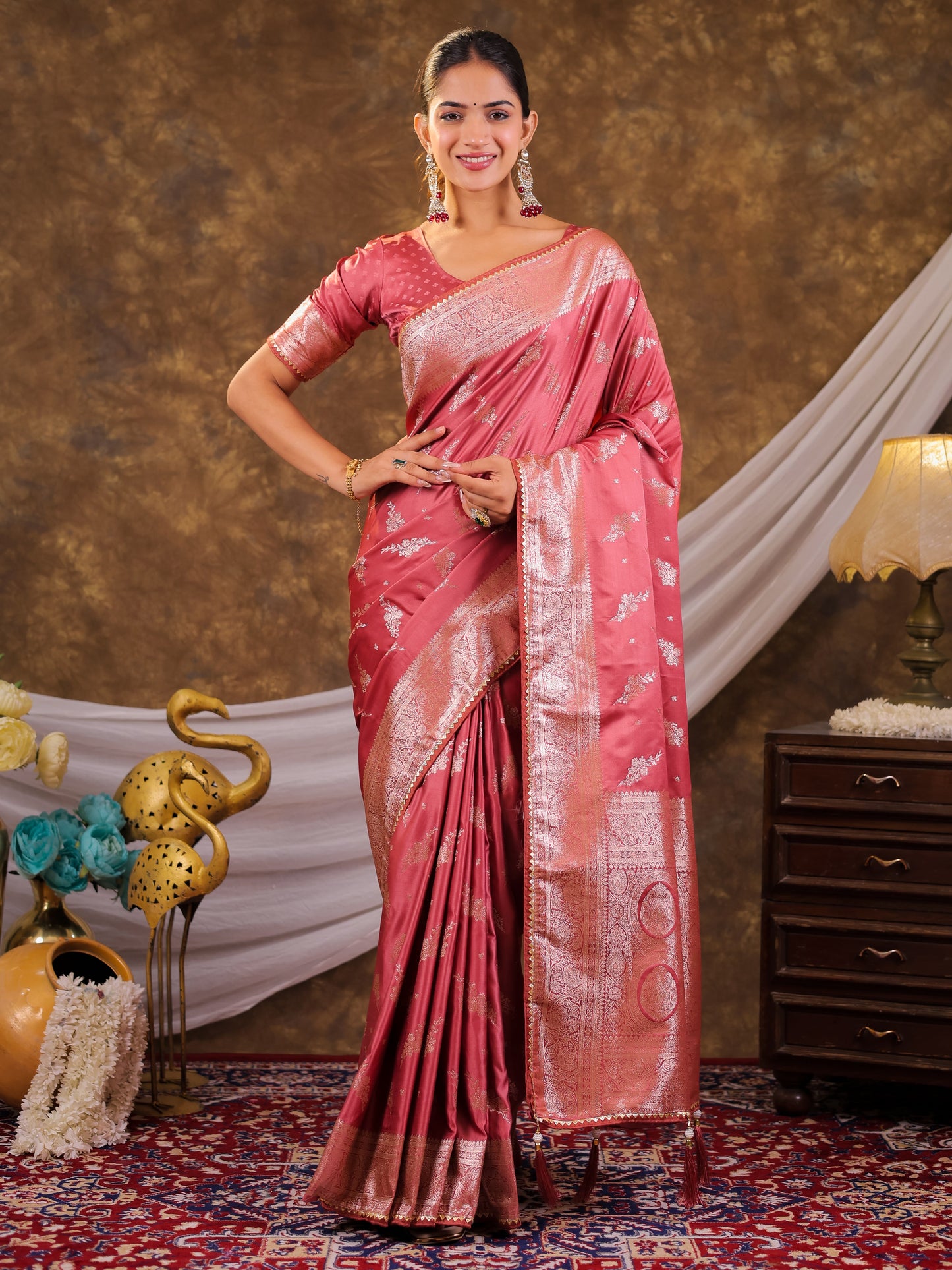 Rose Pink Kanjivaram Banarasi Satin Silk Saree with Silver Zari Weaving, Designer Woven Pallu & Tassel Detailing