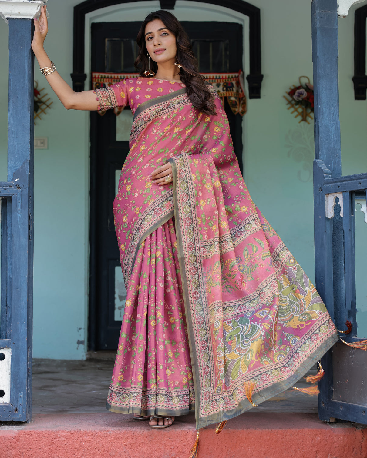 Rani pink handloom cotton saree with yellow floral print royal horse pallu