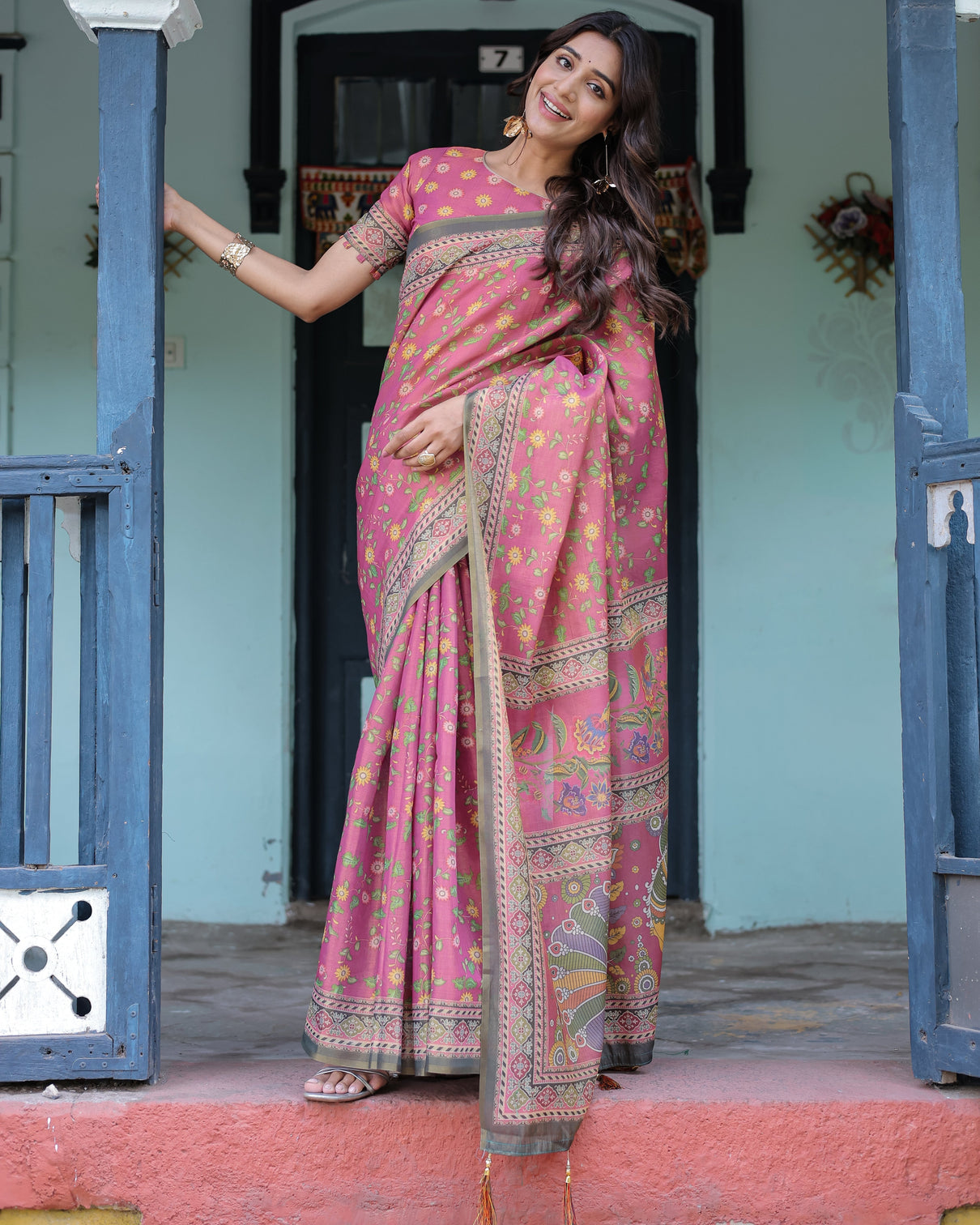 Rani pink handloom cotton saree with yellow floral print royal horse pallu