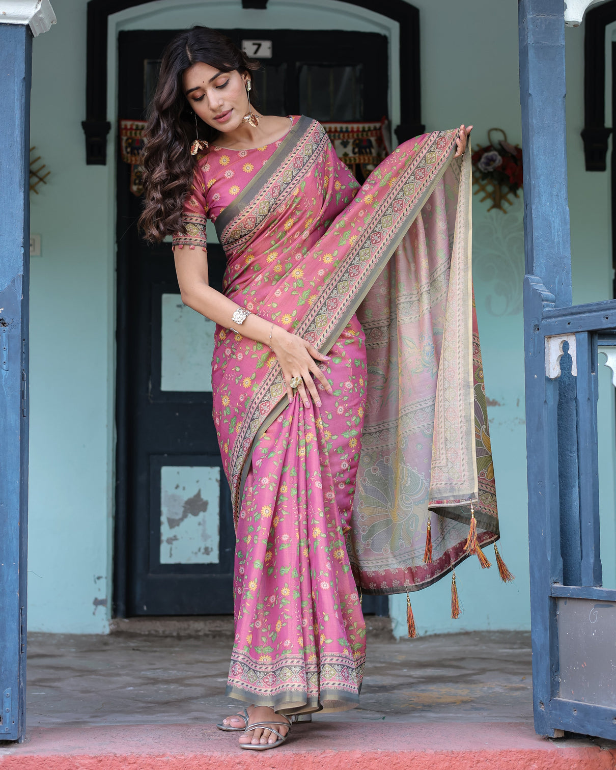 Rani pink handloom cotton saree with yellow floral print royal horse pallu