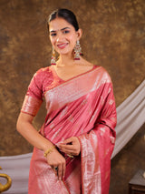 Rose Pink Kanjivaram Banarasi Satin Silk Saree with Silver Zari Weaving, Designer Woven Pallu & Tassel Detailing