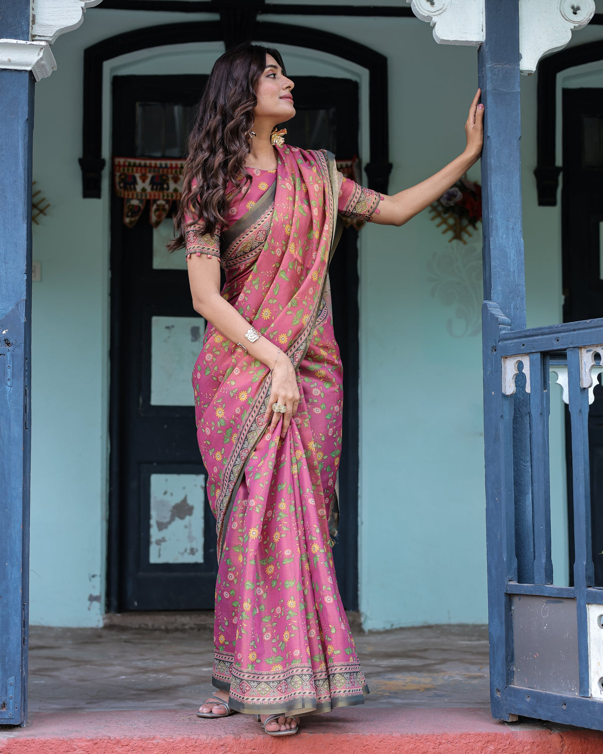 Rani pink handloom cotton saree with yellow floral print royal horse pallu