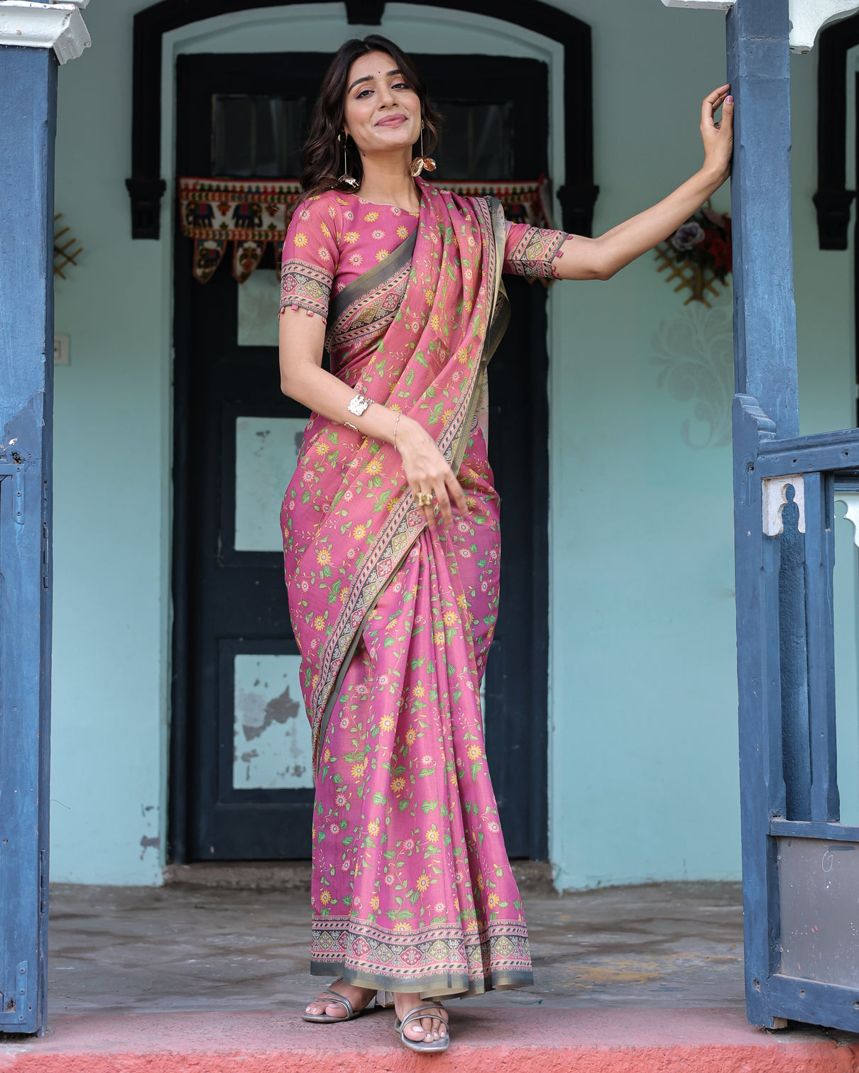 Rani pink handloom cotton saree with yellow floral print royal horse pallu