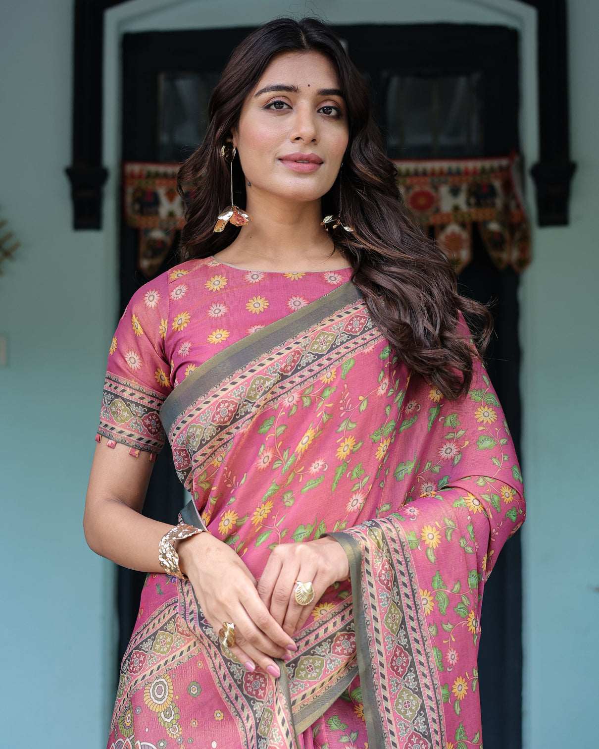 Rani pink handloom cotton saree with yellow floral print royal horse pallu