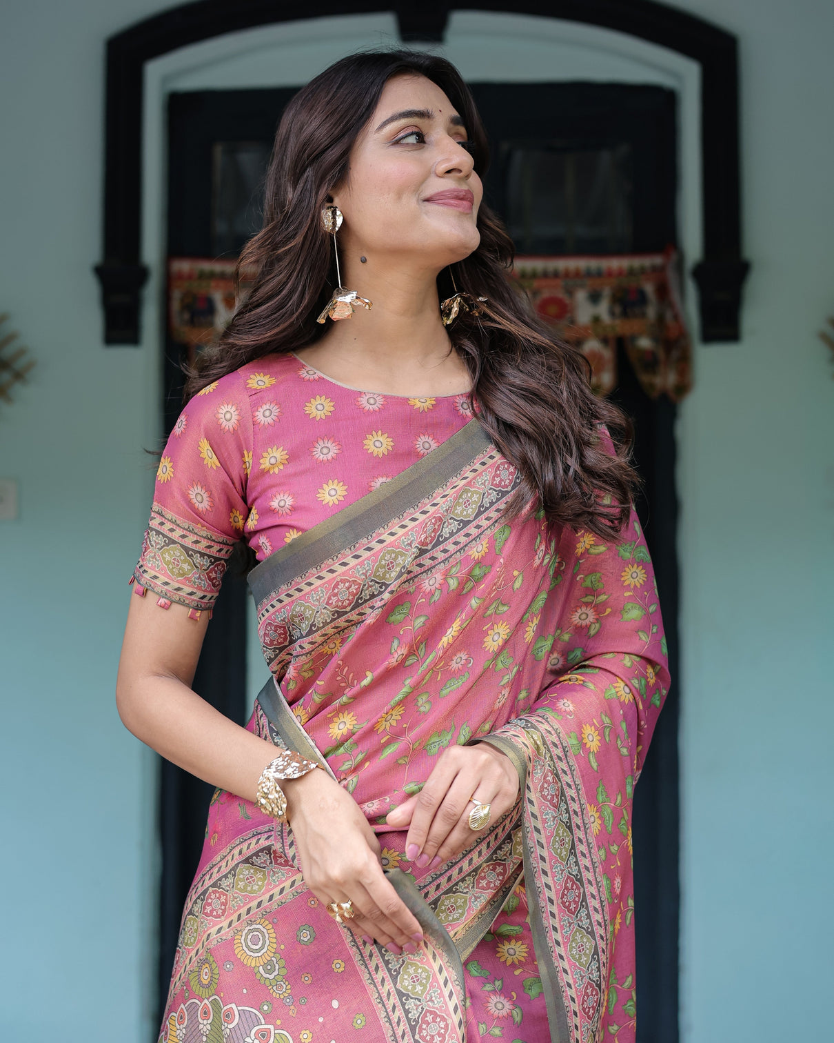 Rani pink handloom cotton saree with yellow floral print royal horse pallu