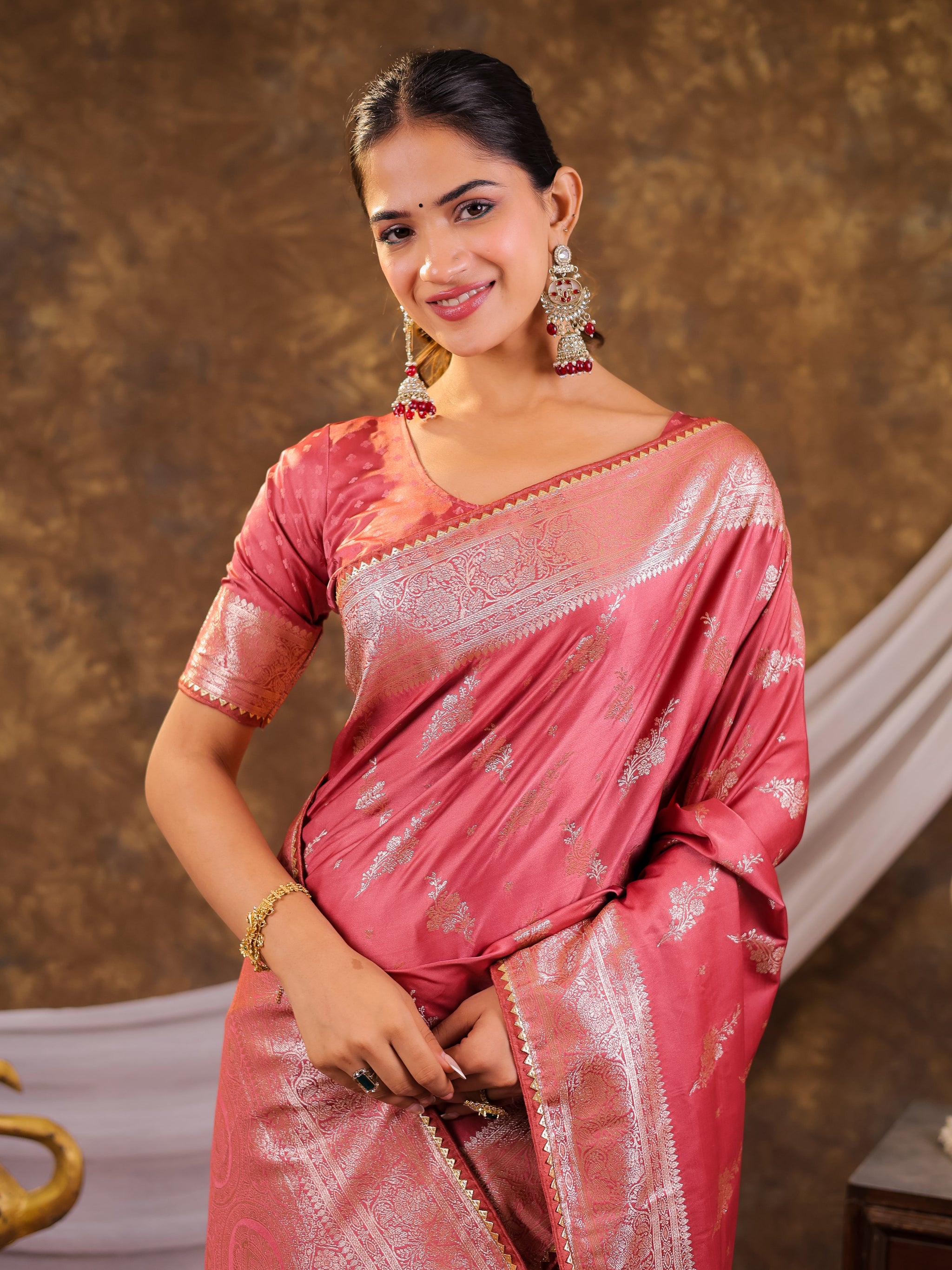 Rose Pink Kanjivaram Banarasi Satin Silk Saree with Silver Zari Weaving, Designer Woven Pallu & Tassel Detailing