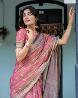 Rani Pink Handloom Cotton Saree with Yellow Floral Print & Royal Horse Pallu