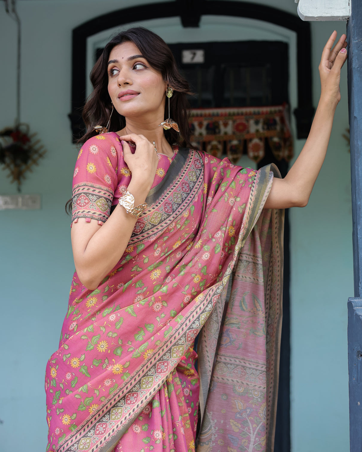 Rani pink handloom cotton saree with yellow floral print royal horse pallu
