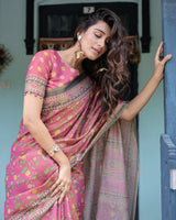 Rani Pink Handloom Cotton Saree with Yellow Floral Print & Royal Horse Pallu