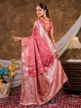 Rose Pink Kanjivaram Banarasi Satin Silk Saree with Silver Zari Weaving, Designer Woven Pallu & Tassel Detailing