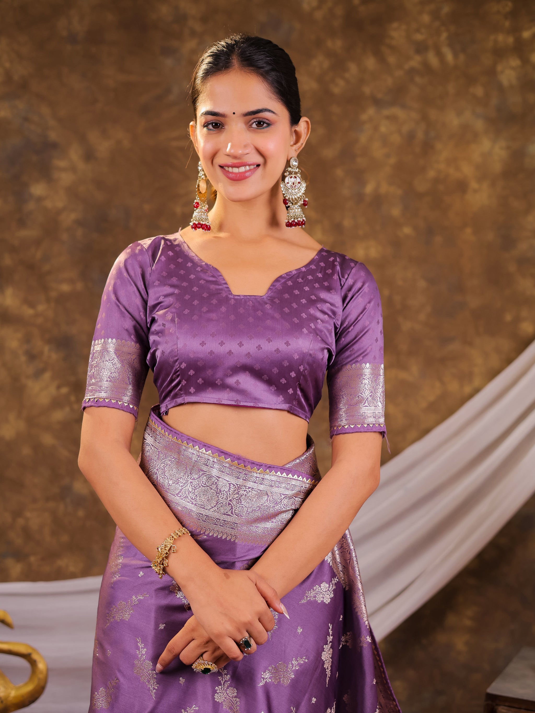 Lavender Purple Kanjivaram Banarasi Satin Silk Saree with Silver Zari Weaving, Designer Woven Pallu & Tassel Detailing