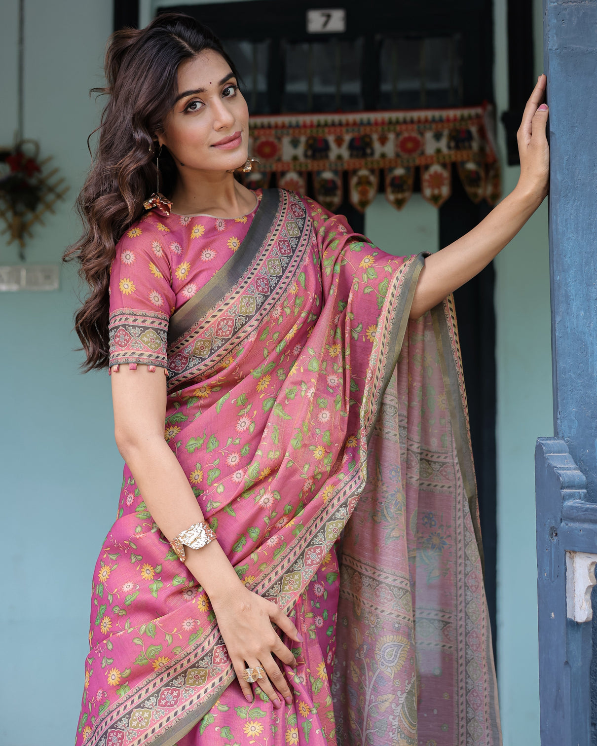 Rani pink handloom cotton saree with yellow floral print royal horse pallu