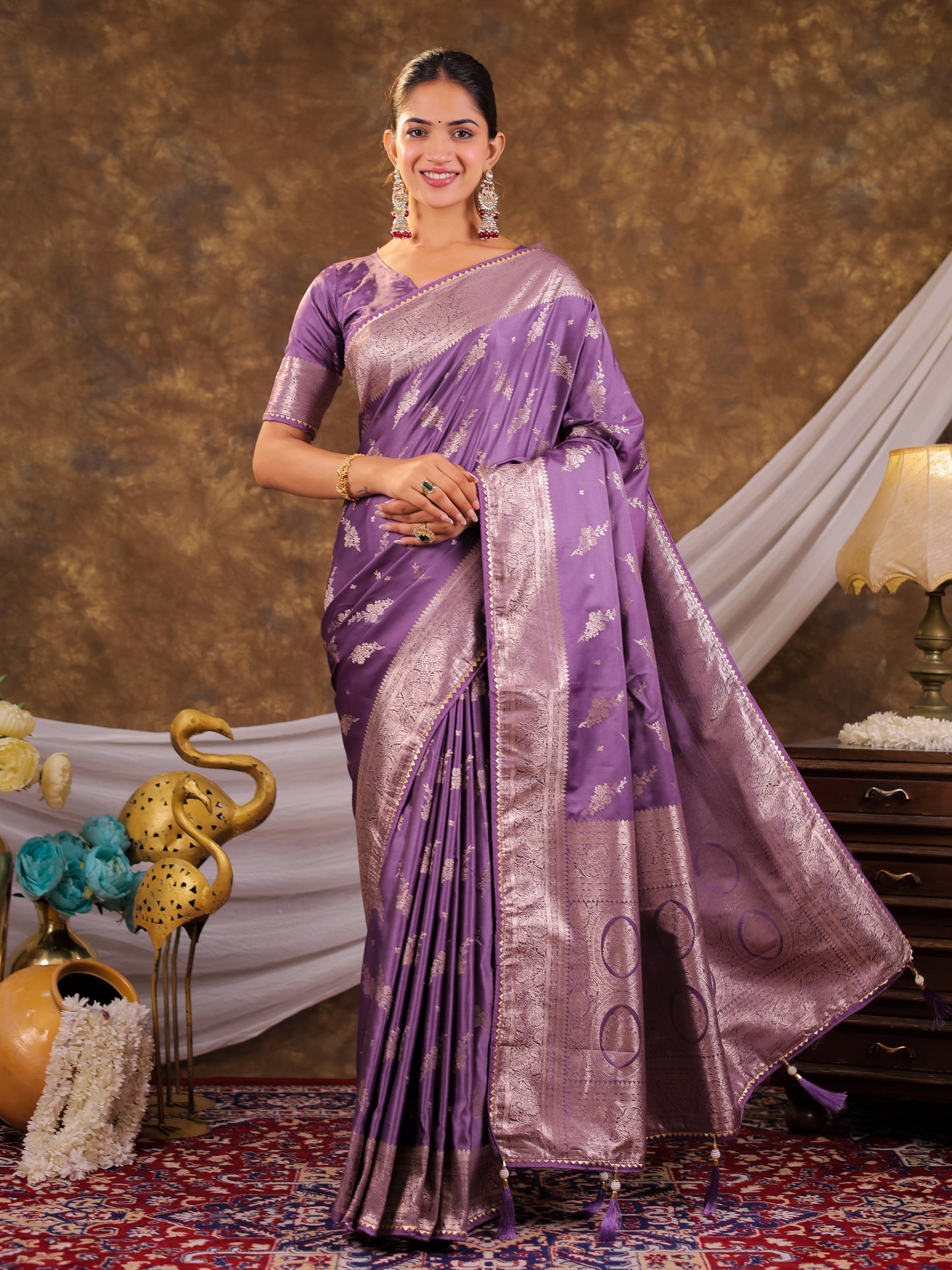 Lavender Purple Kanjivaram Banarasi Satin Silk Saree with Silver Zari Weaving, Designer Woven Pallu & Tassel Detailing