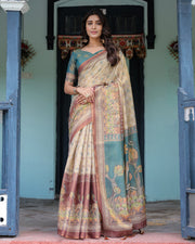 Beige teal handloom cotton saree with diamond buti print enchanted deer forest pallu mameraa