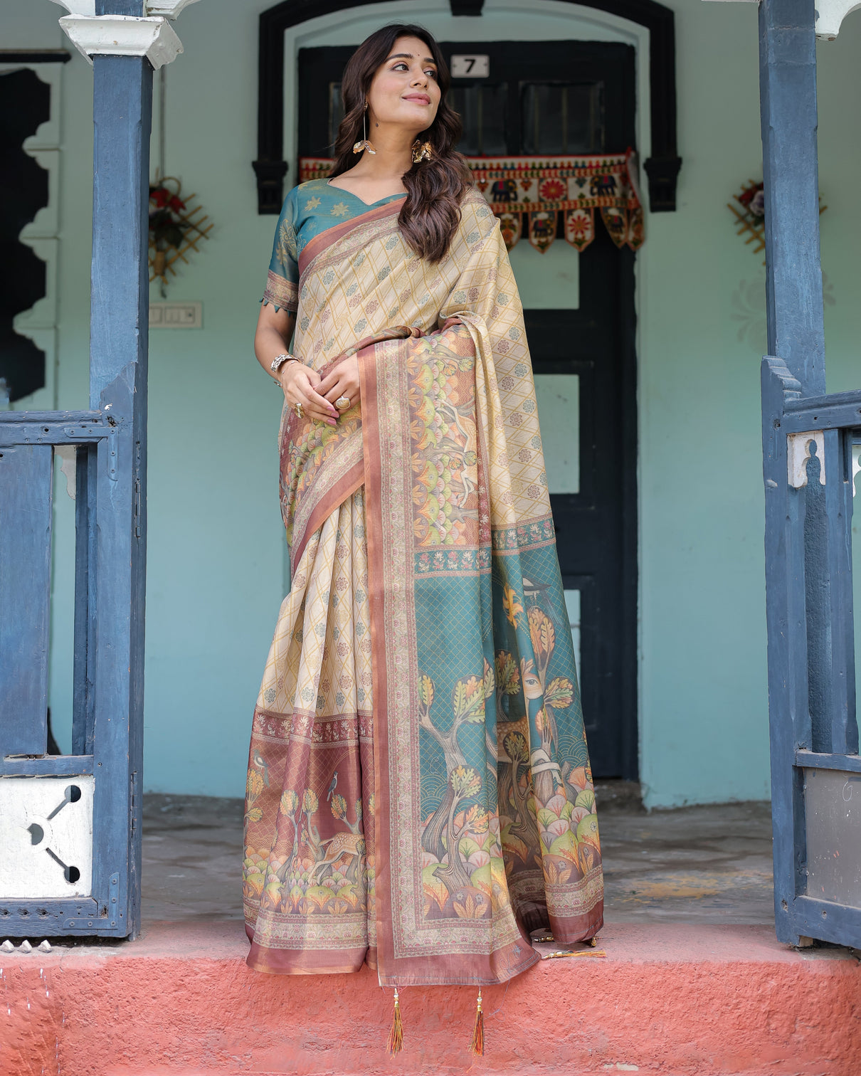 Beige teal handloom cotton saree with diamond buti print enchanted deer forest pallu