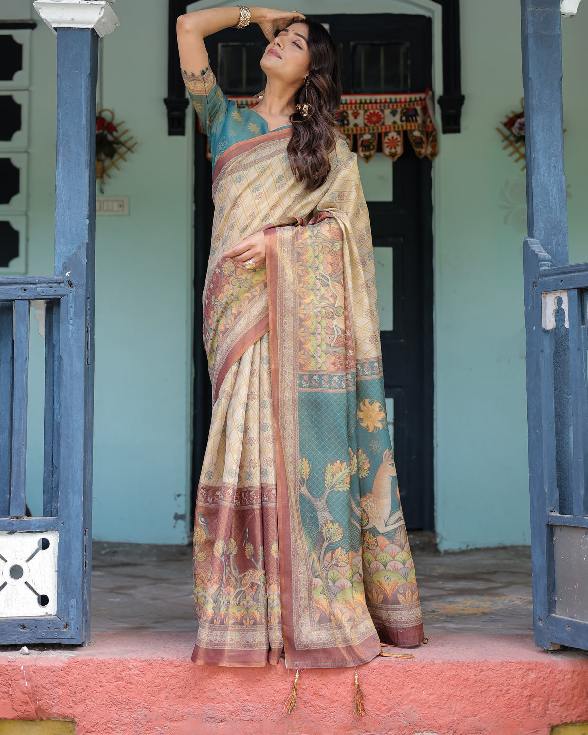 Beige teal handloom cotton saree with diamond buti print enchanted deer forest pallu