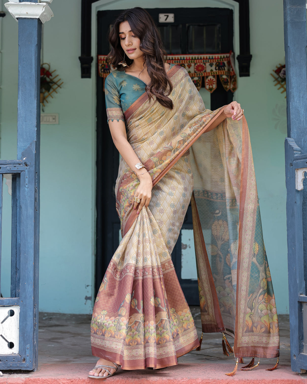 Beige teal handloom cotton saree with diamond buti print enchanted deer forest pallu