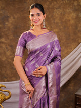 Lavender Purple Kanjivaram Banarasi Satin Silk Saree with Silver Zari Weaving, Designer Woven Pallu & Tassel Detailing