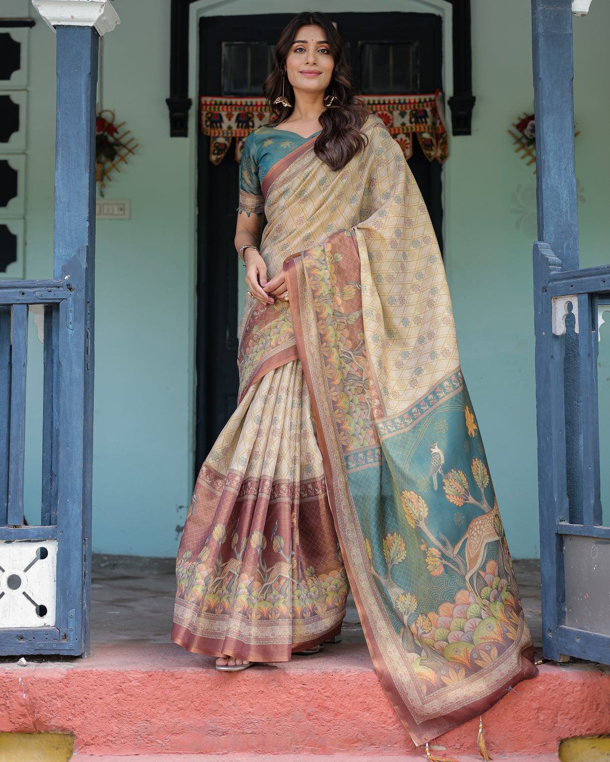 Beige teal handloom cotton saree with diamond buti print enchanted deer forest pallu