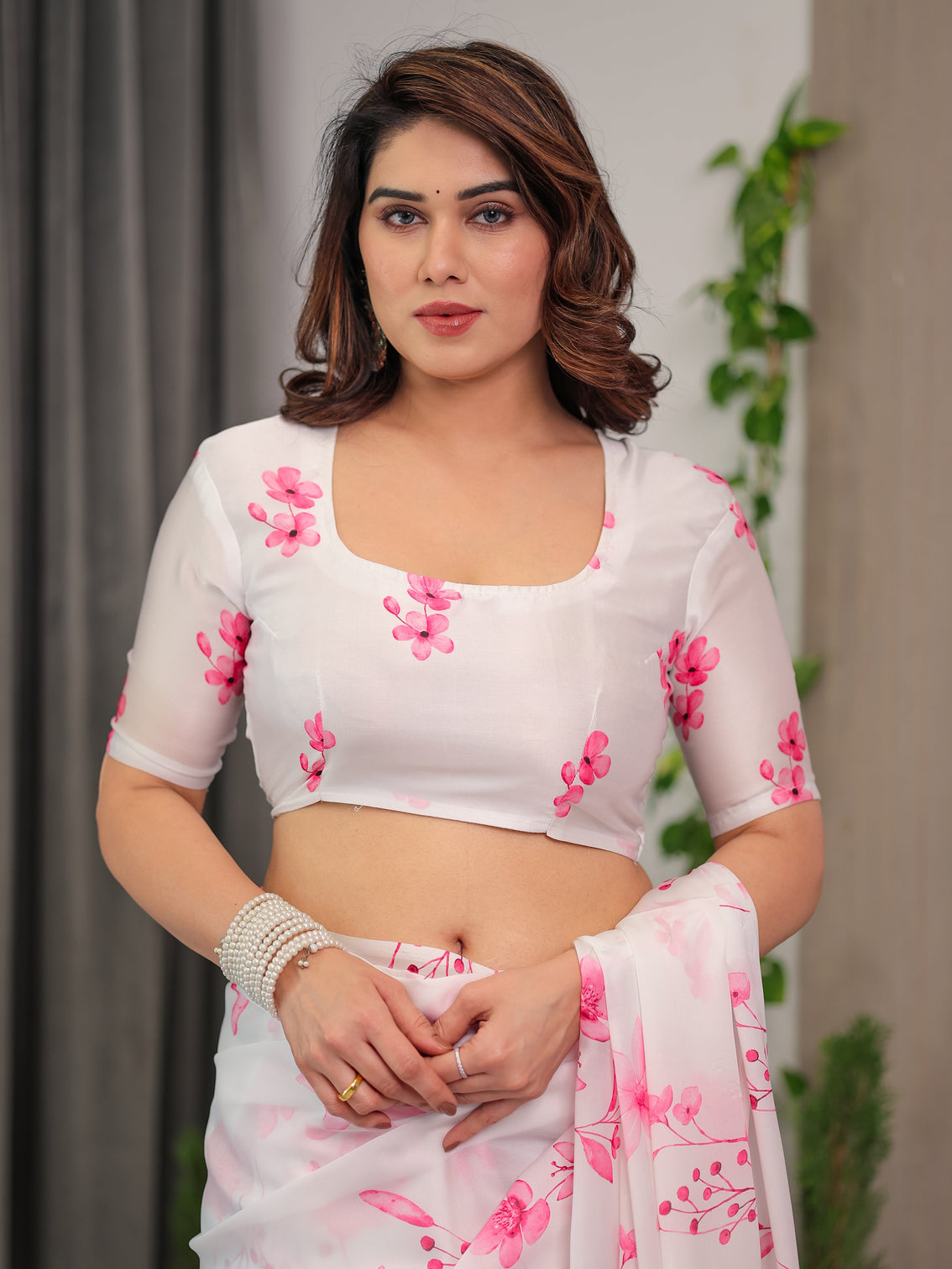 White satin georgette pink floral printed saree with attached blouse soft flow designer saree for elegant festive wear