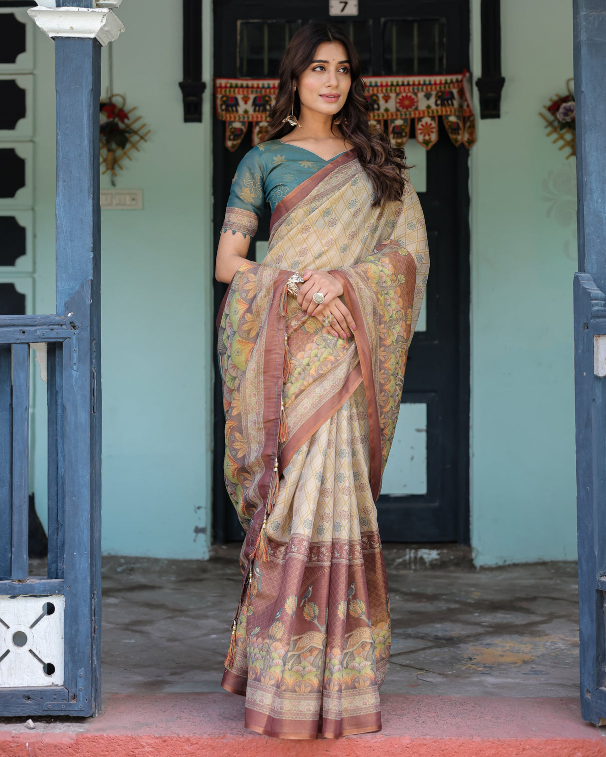 Beige teal handloom cotton saree with diamond buti print enchanted deer forest pallu