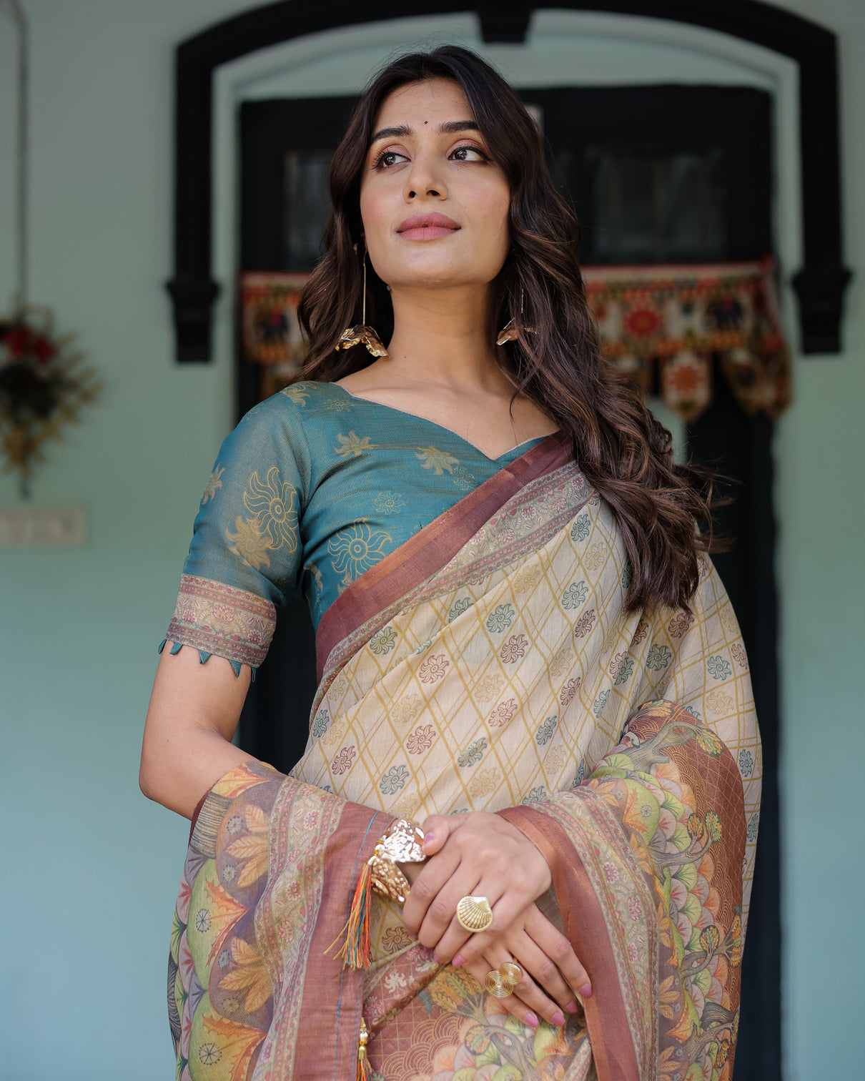 Beige teal handloom cotton saree with diamond buti print enchanted deer forest pallu