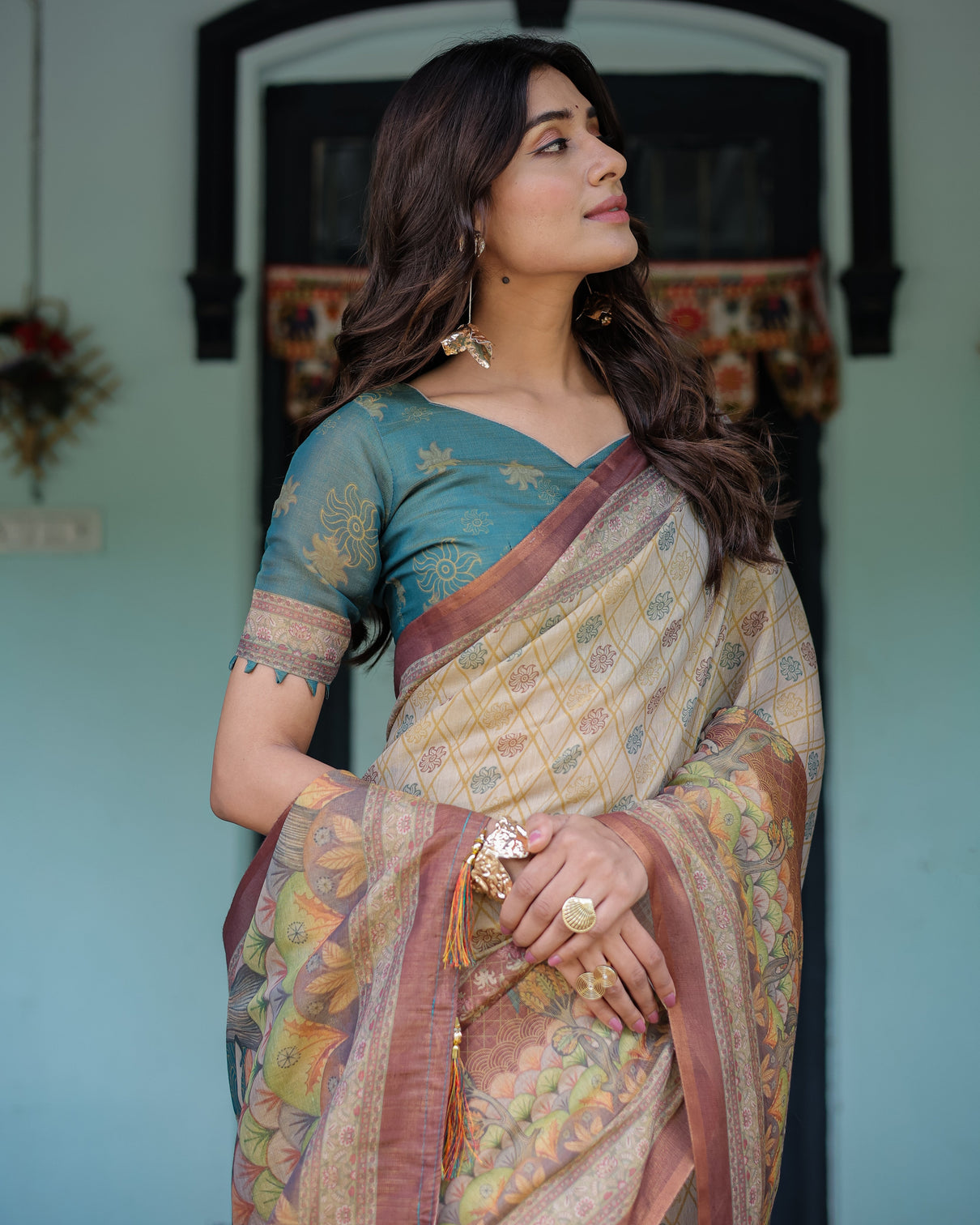 Beige teal handloom cotton saree with diamond buti print enchanted deer forest pallu