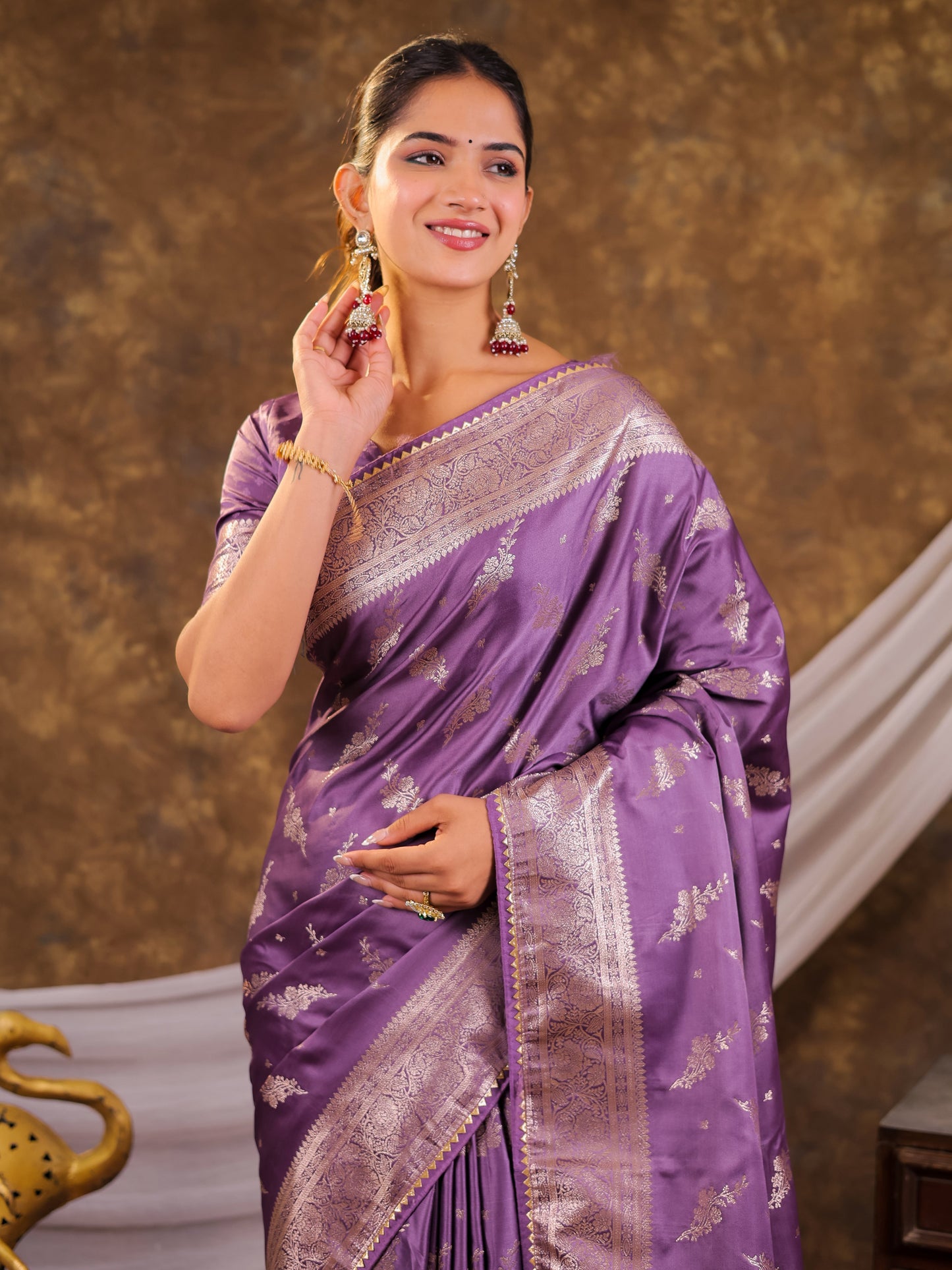 Lavender Purple Kanjivaram Banarasi Satin Silk Saree with Silver Zari Weaving, Designer Woven Pallu & Tassel Detailing