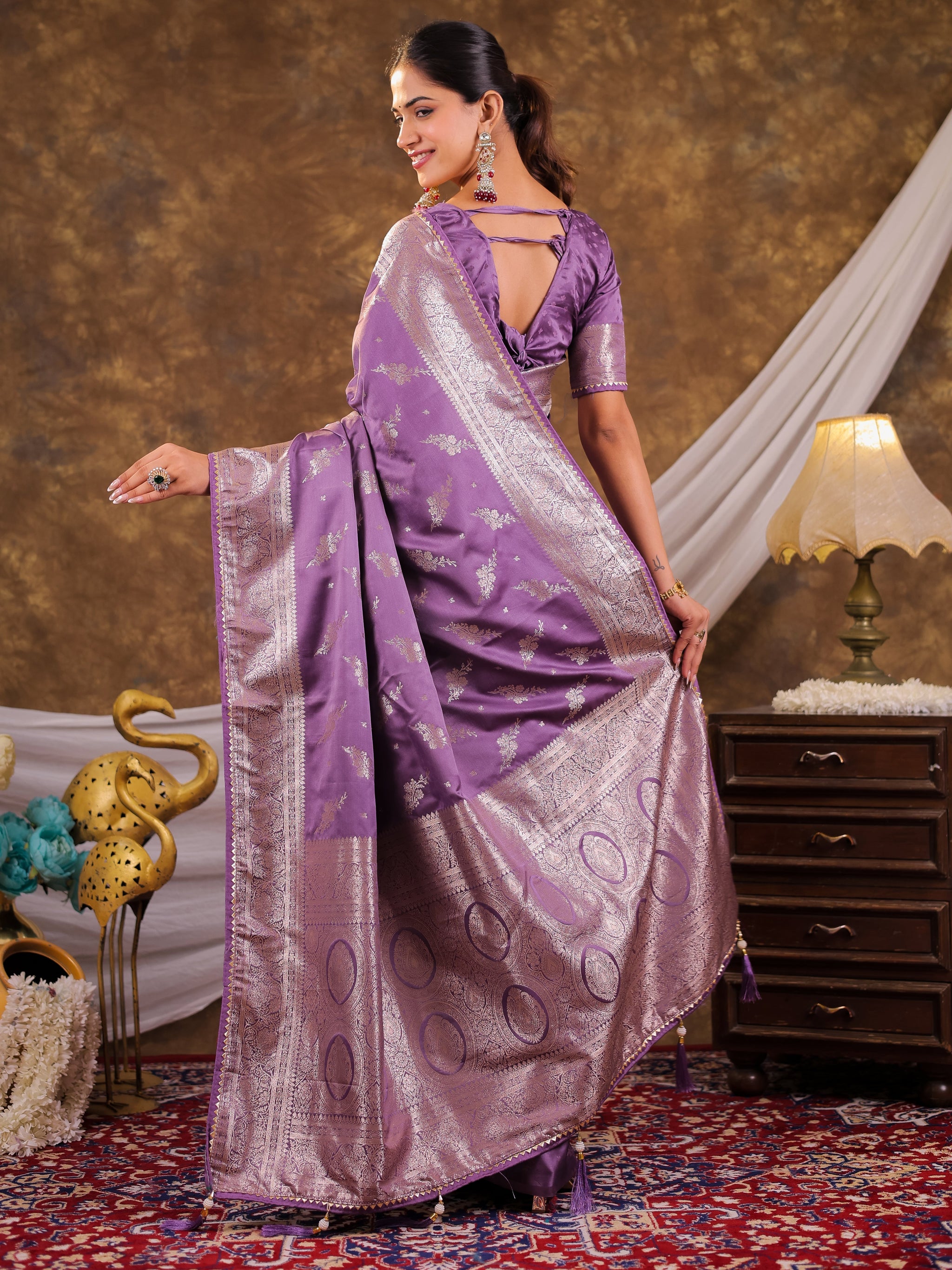 Lavender Purple Kanjivaram Banarasi Satin Silk Saree with Silver Zari Weaving, Designer Woven Pallu & Tassel Detailing