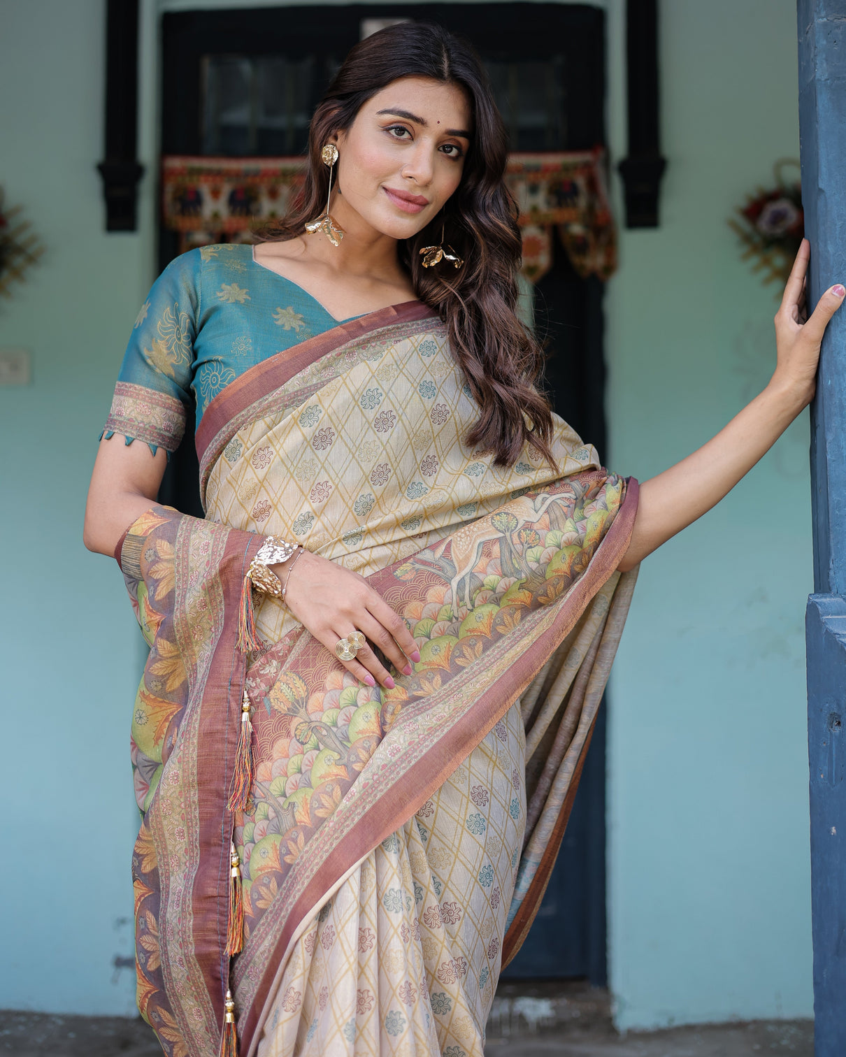 Beige teal handloom cotton saree with diamond buti print enchanted deer forest pallu