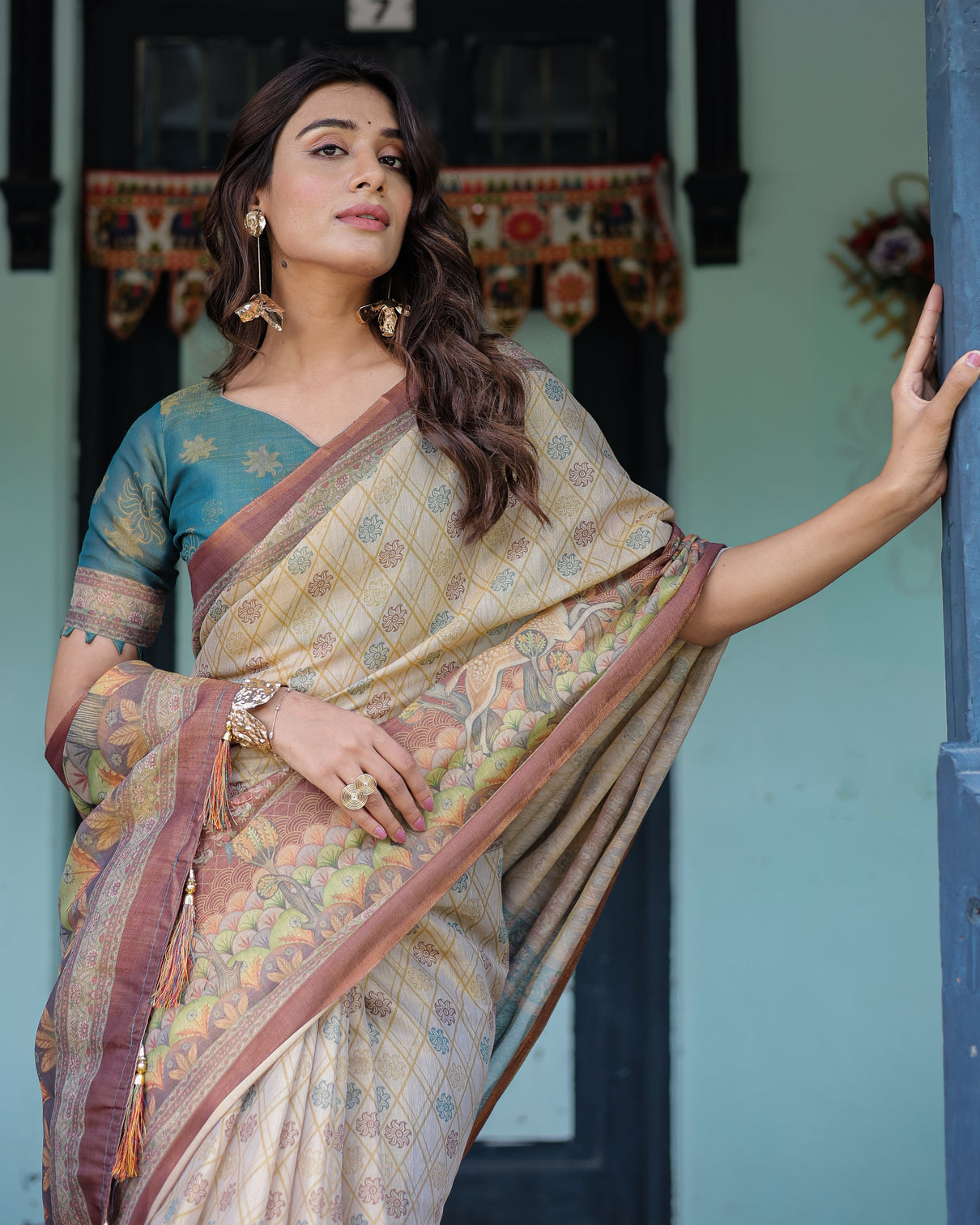 Beige teal handloom cotton saree with diamond buti print enchanted deer forest pallu