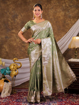 Sage Green Kanjivaram Banarasi Satin Silk Saree with Silver Zari Weaving, Floral Woven Border, Rich Designer Pallu & Tassels