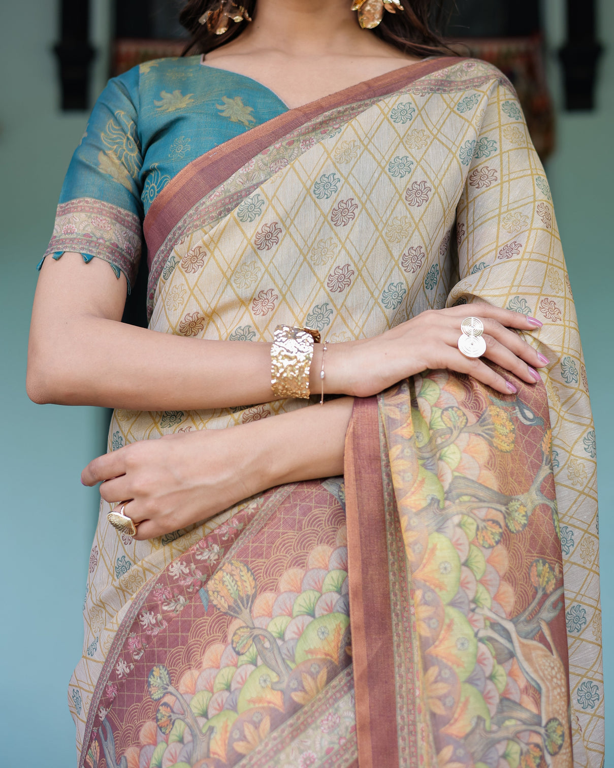 Beige teal handloom cotton saree with diamond buti print enchanted deer forest pallu