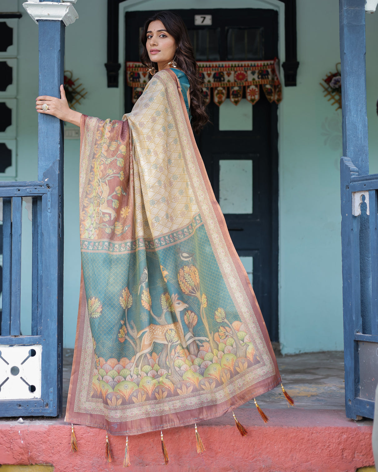 Beige teal handloom cotton saree with diamond buti print enchanted deer forest pallu