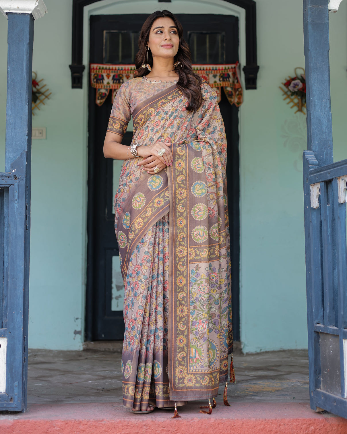 Mauve beige handloom cotton saree with pastel floral print royal tree elephant pallu mameraa