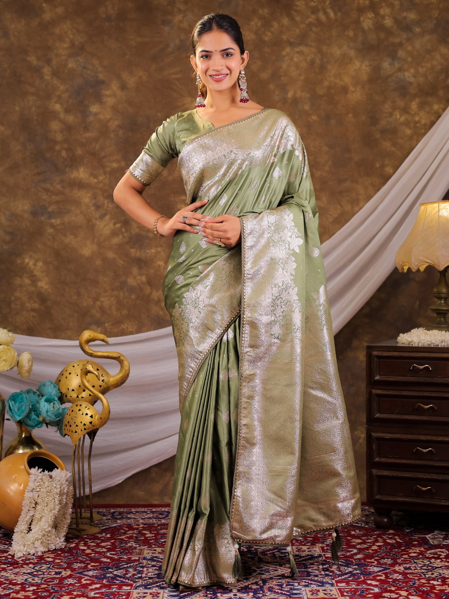 Sage Green Kanjivaram Banarasi Satin Silk Saree with Silver Zari Weaving, Floral Woven Border, Rich Designer Pallu & Tassels