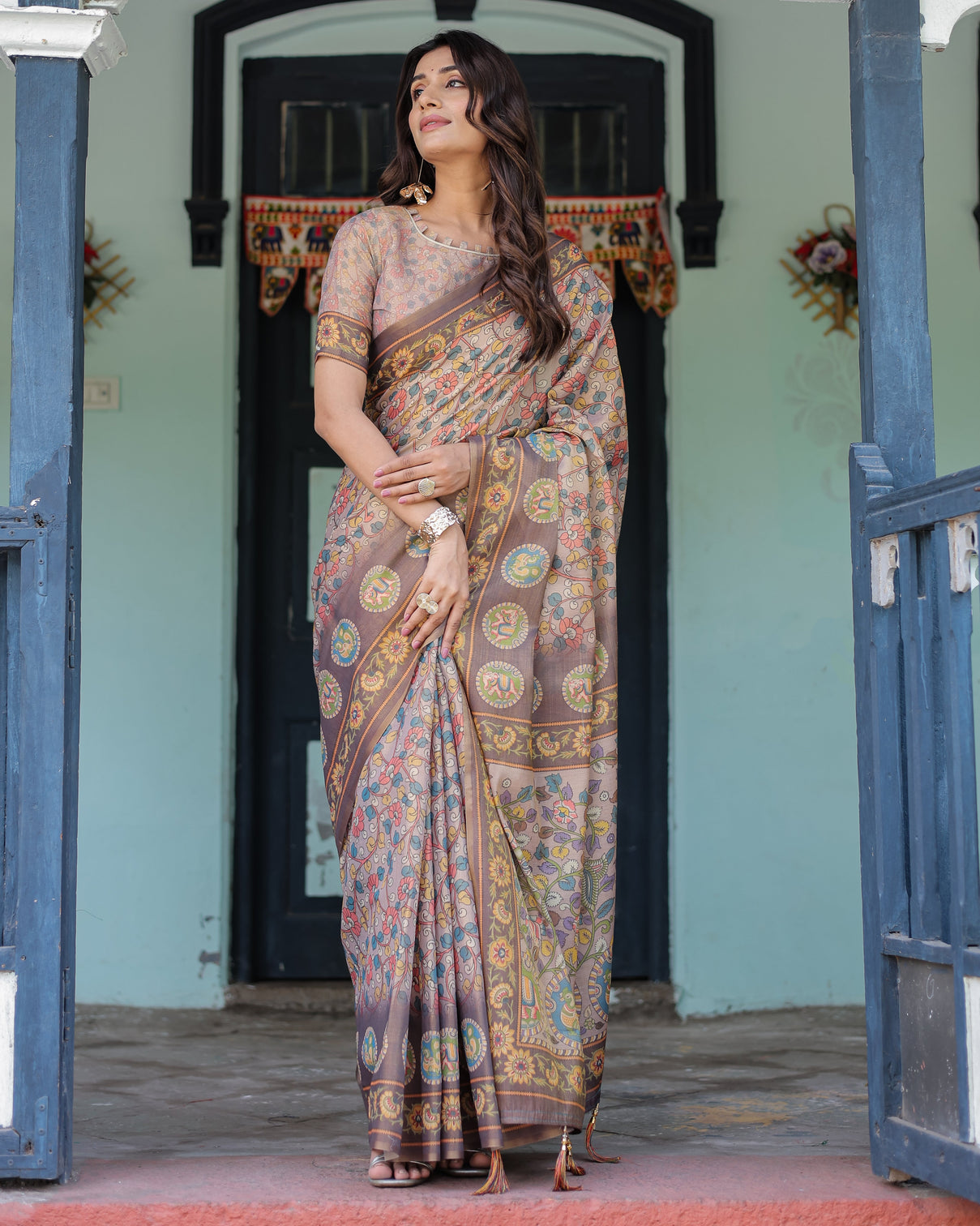 Mauve beige handloom cotton saree with pastel floral print royal tree elephant pallu