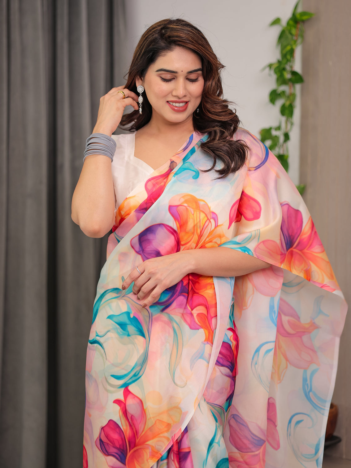 Ivory satin georgette multicolor abstract floral printed saree with attached blouse flowing designer saree for festive party wear